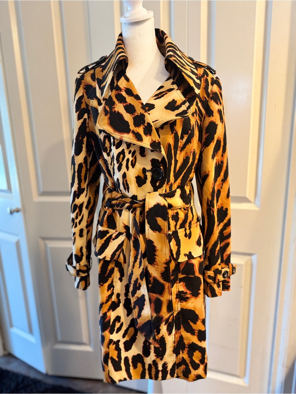Alberto Makali Leopard Print Trench Coat in Black Rust and Tan.  RARE!